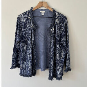 Chico's Leopard Animal Print Linen Fringe Sequin Open Front Cardigan Sweater